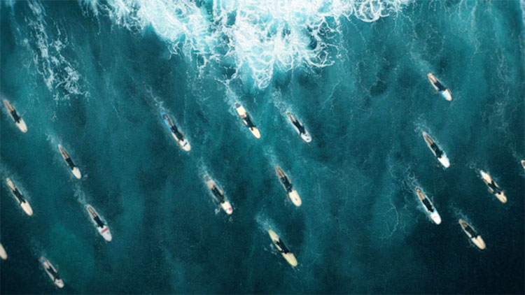 an overhead view of a large group of surfers paddling out into the ocean
