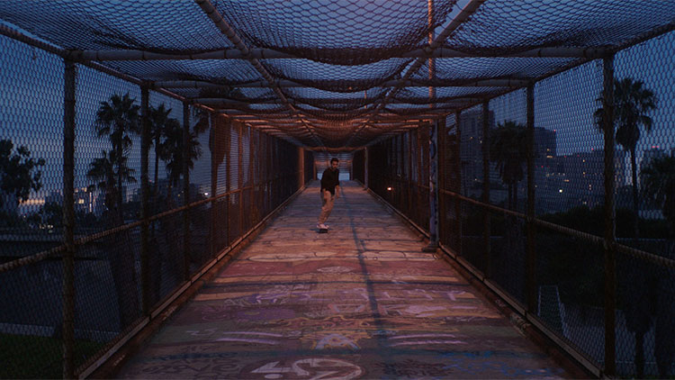 a young man on a skateboard on an elevated walkway covered in netting